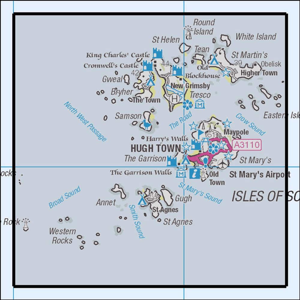 Outdoor Map Navigator image showing the area of the 1:25,000 scale Ordnance Survey Explorer map 101 Isles of Scilly