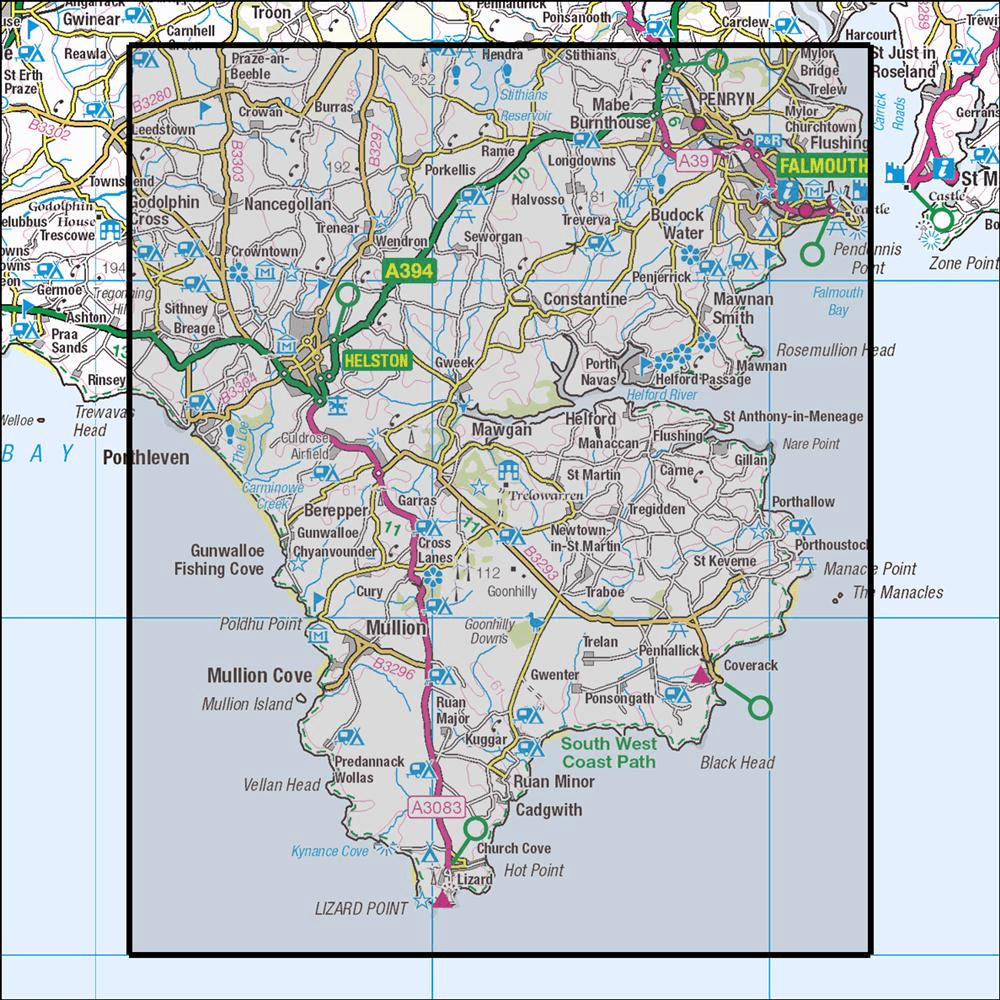 Outdoor Map Navigator image showing the area of the 1:25,000 scale Ordnance Survey Explorer map 103 The Lizard