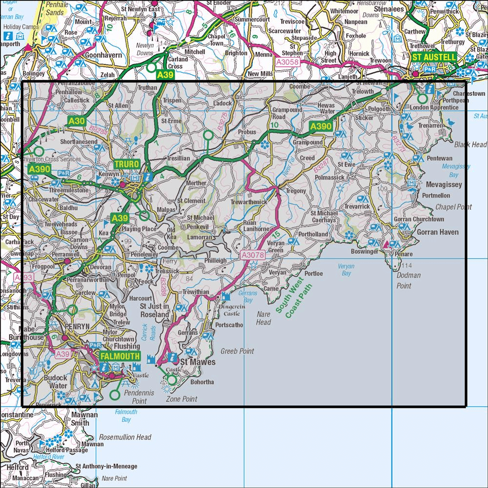 Outdoor Map Navigator image showing the area of the 1:25,000 scale Ordnance Survey Explorer map 105 Falmouth & Mevagissey