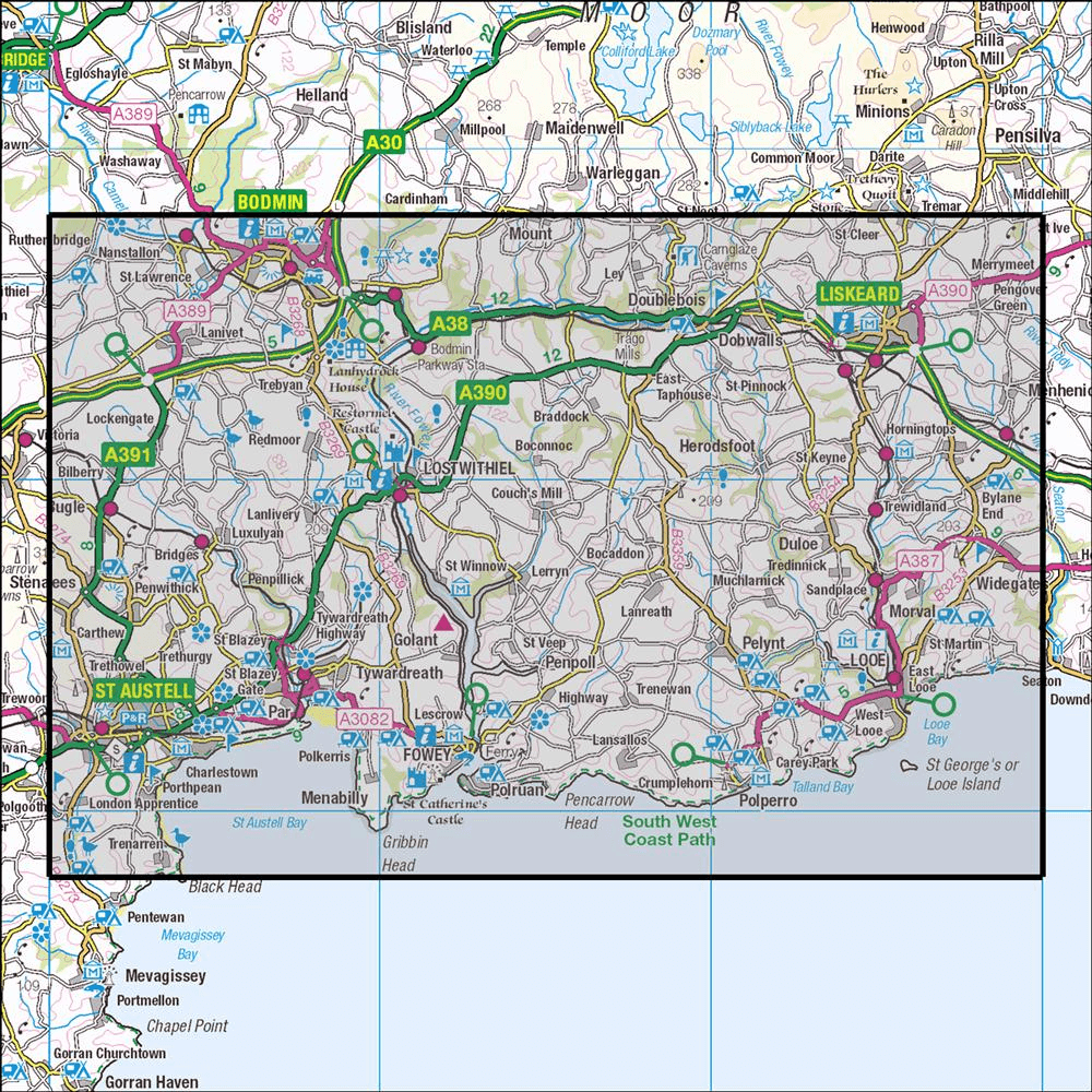 Outdoor Map Navigator image showing the area of the 1:25,000 scale Ordnance Survey Explorer map 107 St Austell & Liskeard