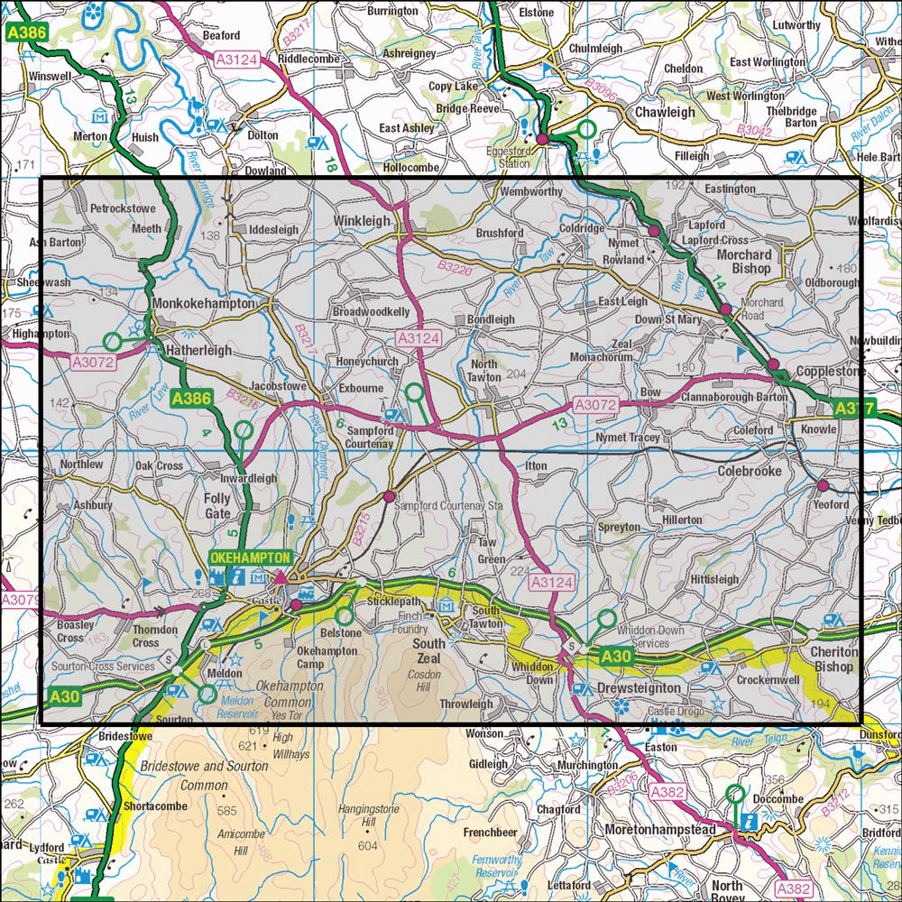 Outdoor Map Navigator image showing the area of the 1:25,000 scale Ordnance Survey Explorer map 113 Okehampton