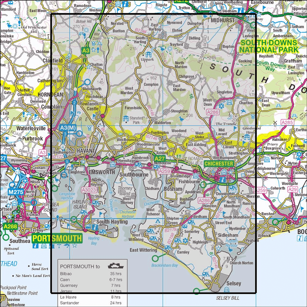 Outdoor Map Navigator image showing the area of the 1:25,000 scale Ordnance Survey Explorer map 120 Chichester