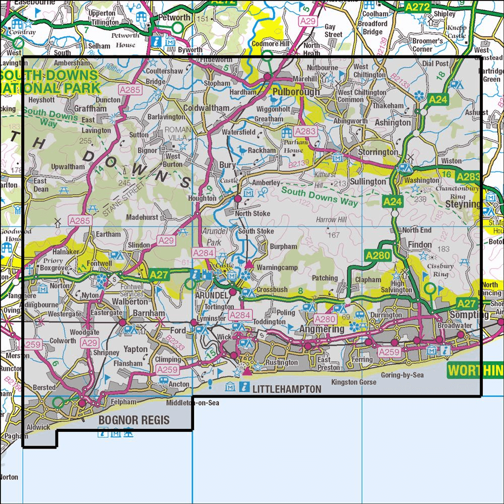 Outdoor Map Navigator image showing the area of the 1:25,000 scale Ordnance Survey Explorer map 121 Arundel & Pulborough