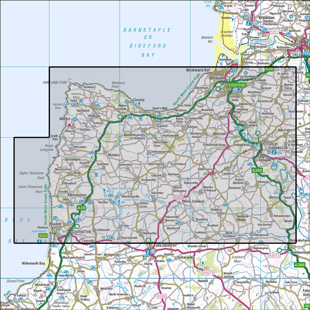 Outdoor Map Navigator image showing the area of the 1:25,000 scale Ordnance Survey Explorer map 126 Clovelly & Hartland