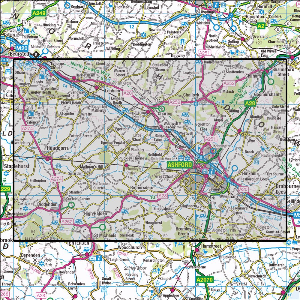 Outdoor Map Navigator image showing the area of the 1:25,000 scale Ordnance Survey Explorer map 137 Ashford