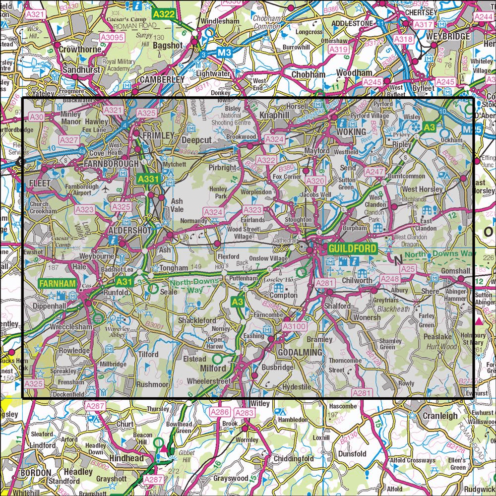 Outdoor Map Navigator image showing the area of the 1:25,000 scale Ordnance Survey Explorer map 145 Guildford & Farnham