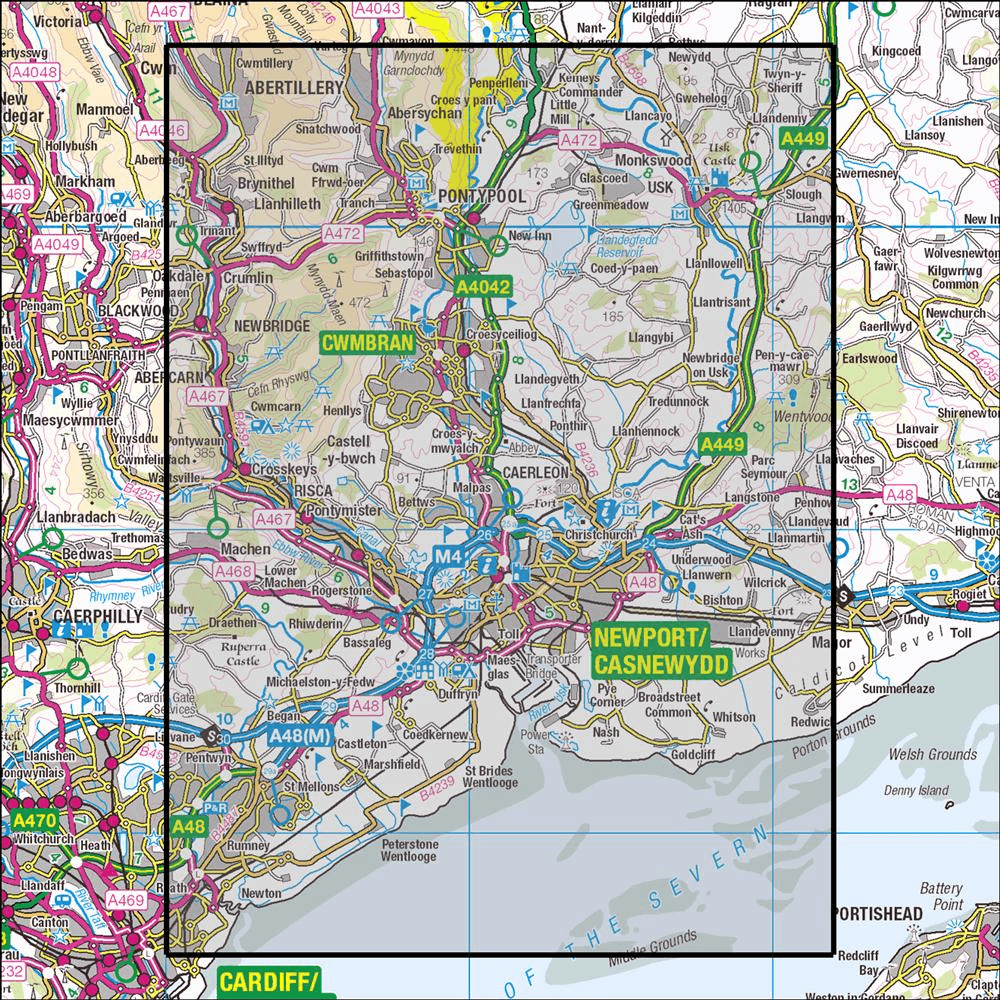Outdoor Map Navigator image showing the area of the 1:25,000 scale Ordnance Survey Explorer map 152 Newport & Pontypool