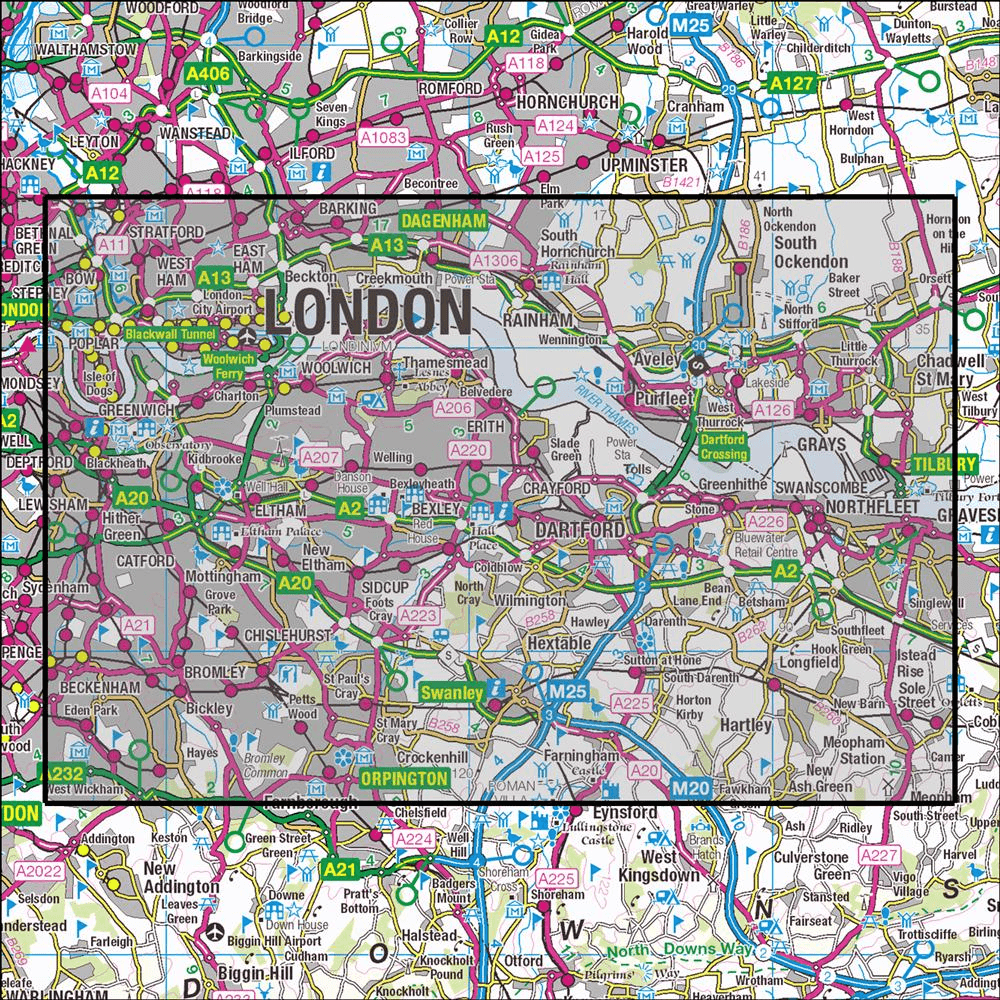 Outdoor Map Navigator image showing the area of the 1:25,000 scale Ordnance Survey Explorer map 162 Greenwich & Gravesend