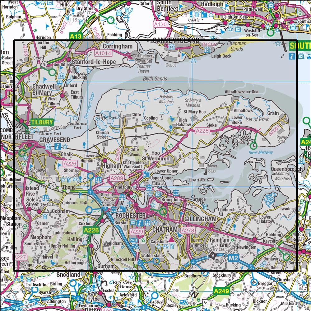 Outdoor Map Navigator image showing the area of the 1:25,000 scale Ordnance Survey Explorer map 163 Gravesend & Rochester