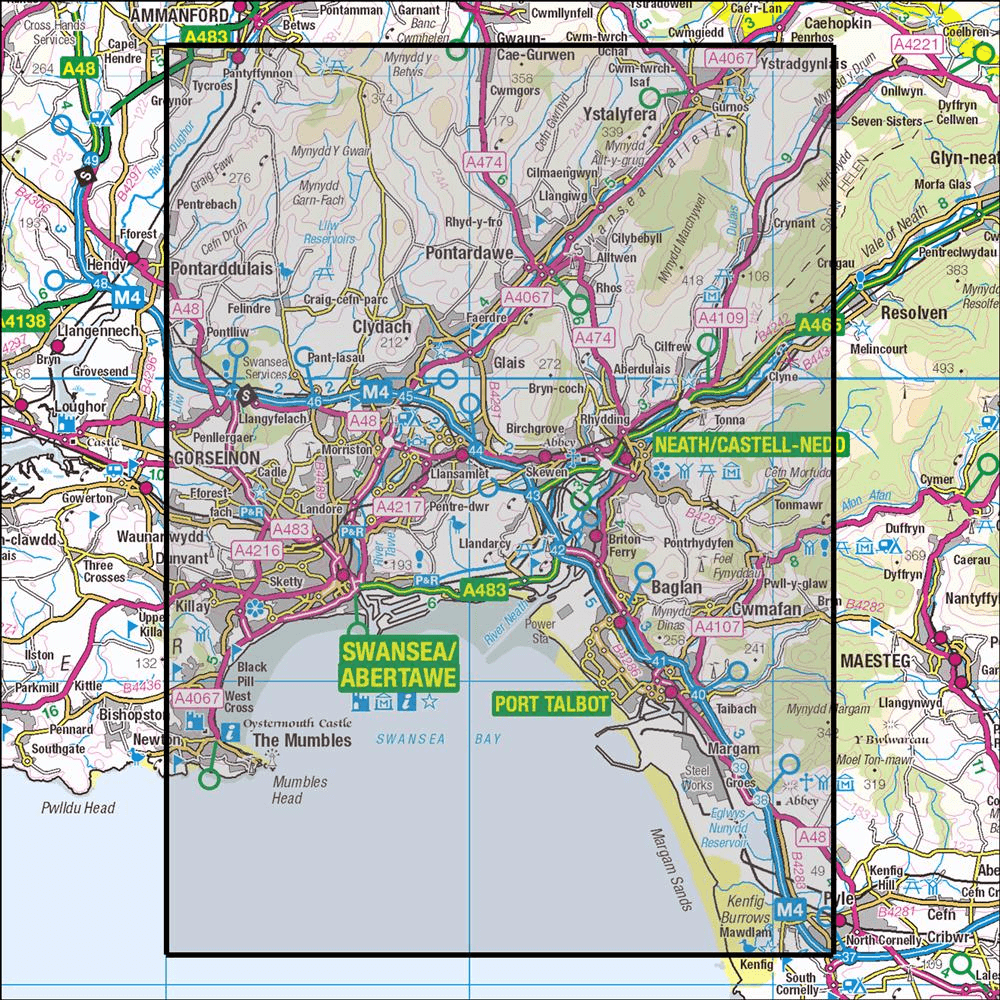 Outdoor Map Navigator image showing the area of the 1:25,000 scale Ordnance Survey Explorer map 165 Swansea