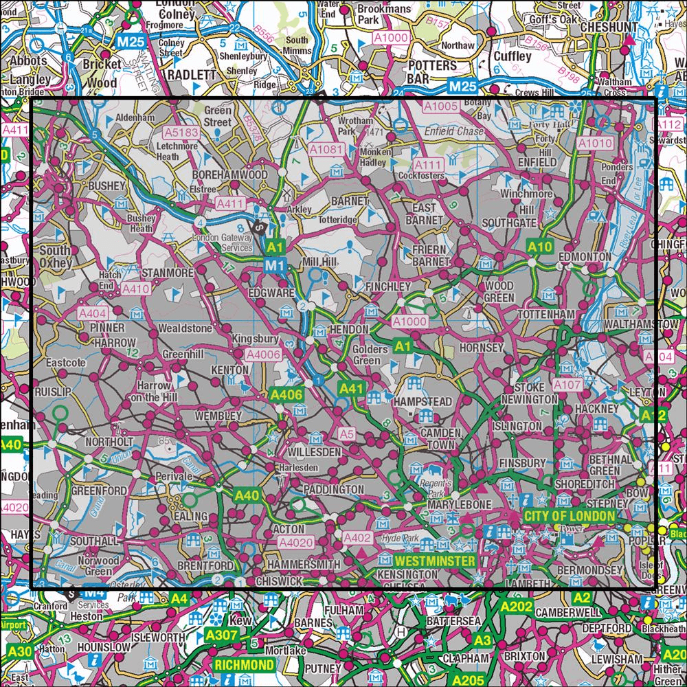 Outdoor Map Navigator image showing the area of the 1:25,000 scale Ordnance Survey Explorer map 173 London North