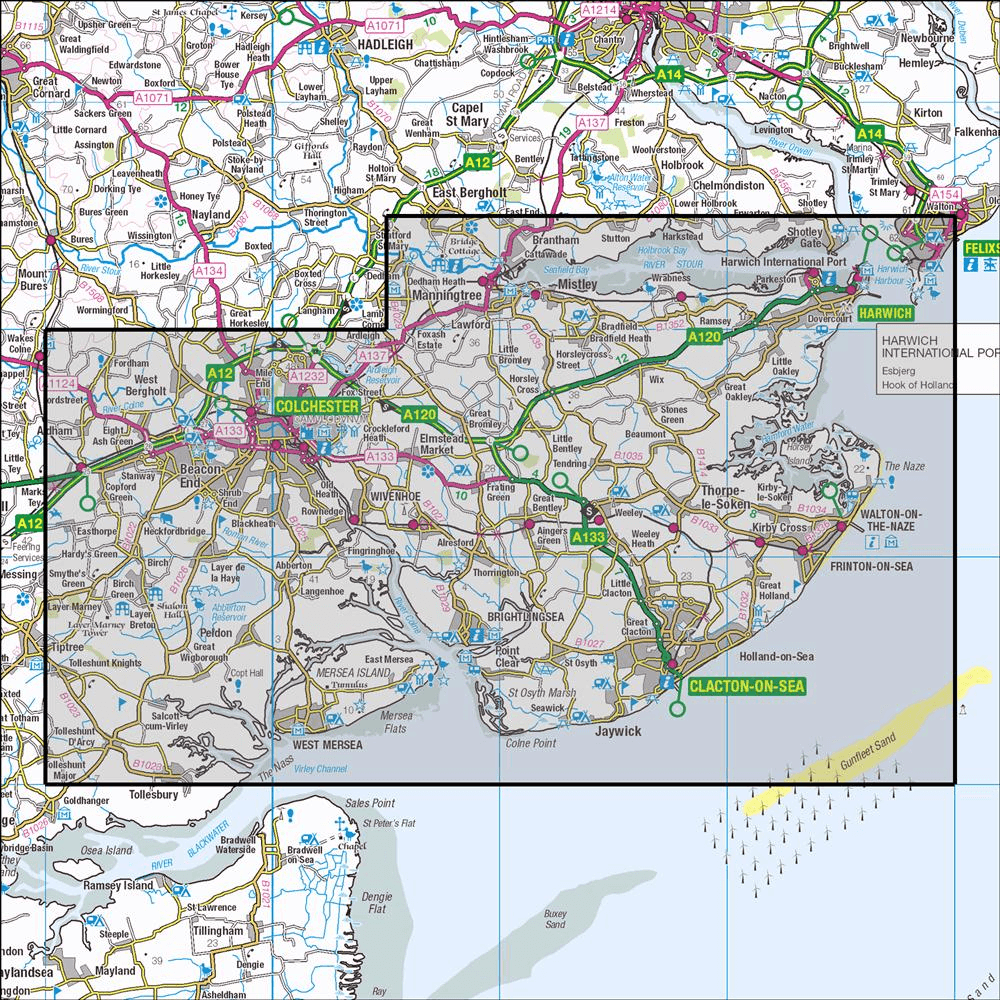 Outdoor Map Navigator image showing the area of the 1:25,000 scale Ordnance Survey Explorer map 184 Colchester