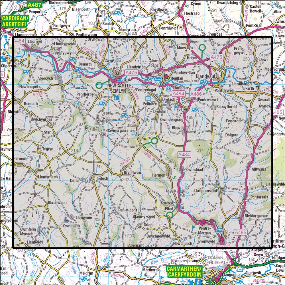 Outdoor Map Navigator image showing the area of the 1:25,000 scale Ordnance Survey Explorer map 185 Newcastle Emlyn