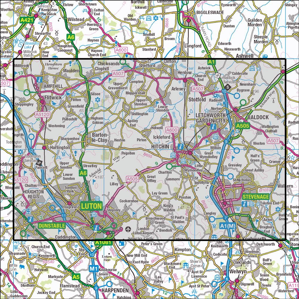 Outdoor Map Navigator image showing the area of the 1:25,000 scale Ordnance Survey Explorer map 193 Luton & Stevenage