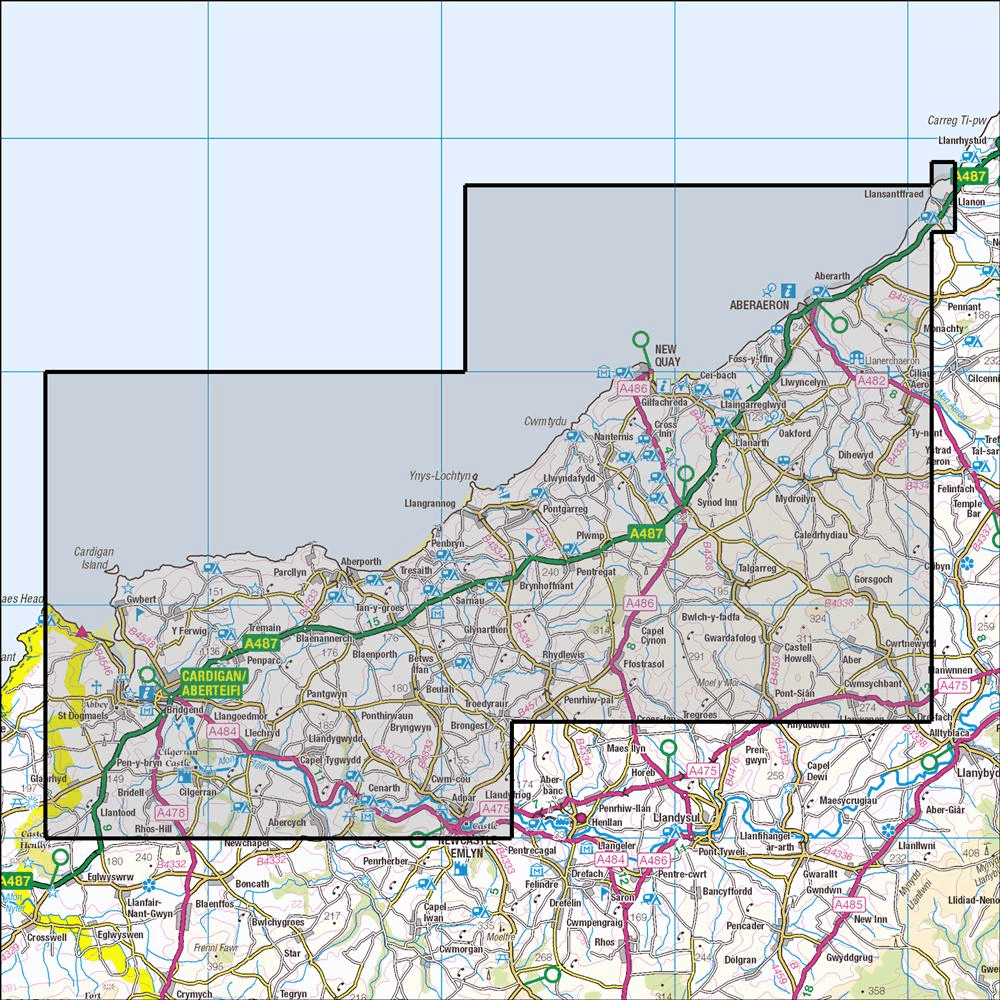 Outdoor Map Navigator image showing the area of the 1:25,000 scale Ordnance Survey Explorer map 198 Cardigan & New Quay