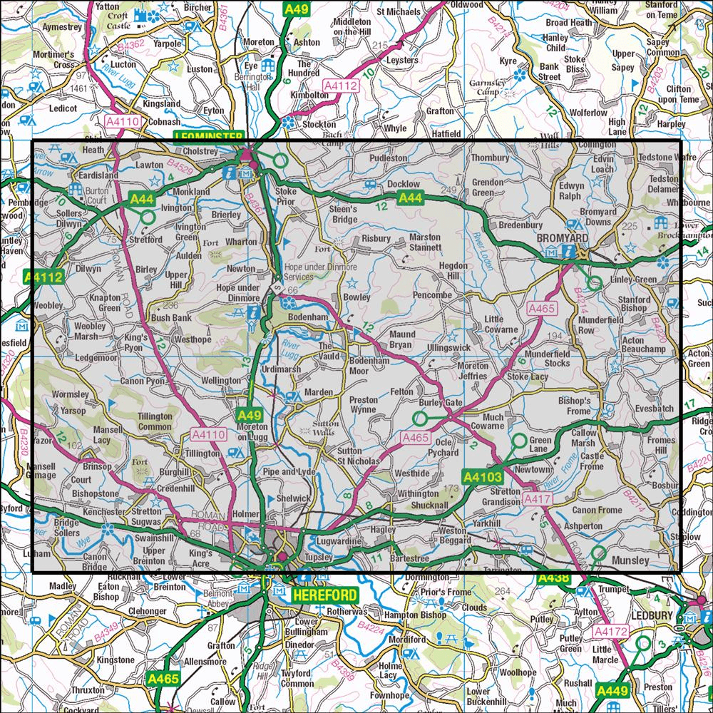 Outdoor Map Navigator image showing the area of the 1:25,000 scale Ordnance Survey Explorer map 202 Leominter & Bromyard