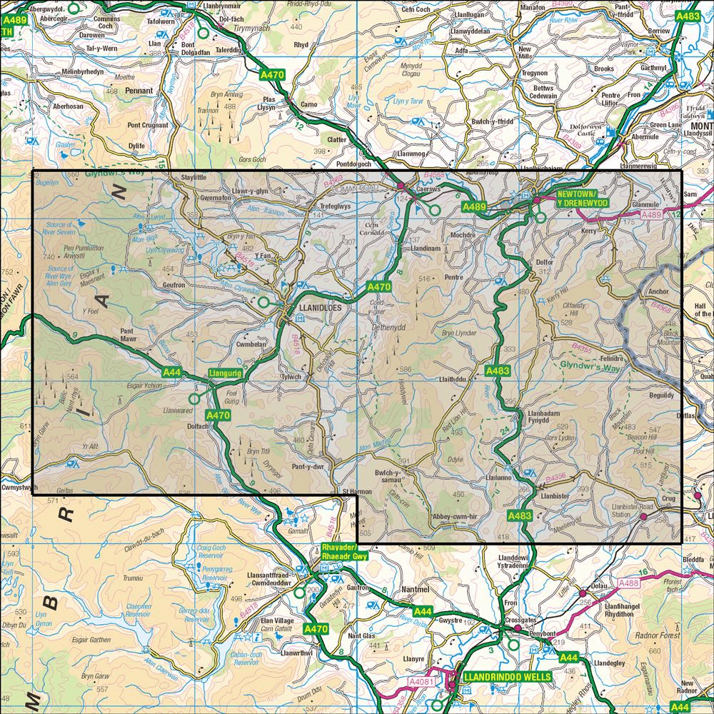Outdoor Map Navigator image showing the area of the 1:25,000 scale Ordnance Survey Explorer map 214 Llanidloes & Newtown