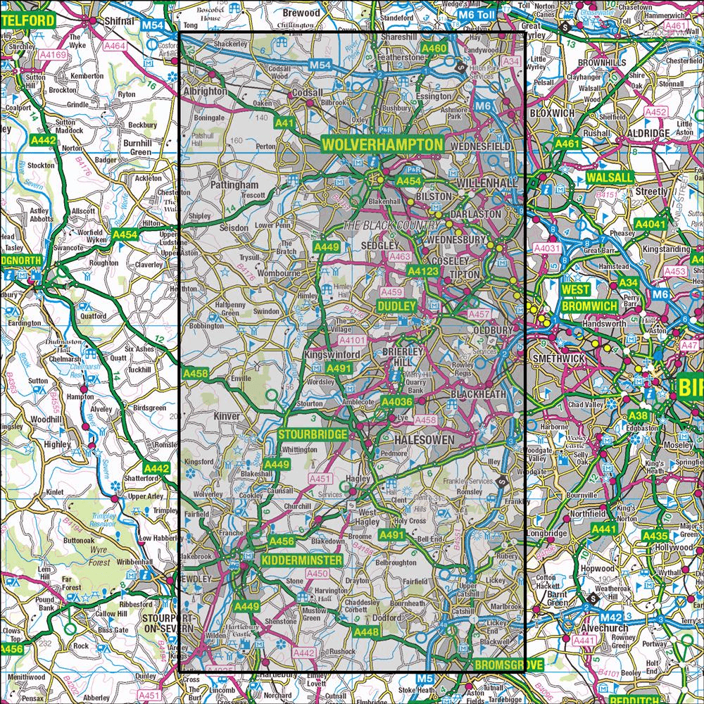 Outdoor Map Navigator image showing the area of the 1:25,000 scale Ordnance Survey Explorer map 219 Wolverhampton & Dudley