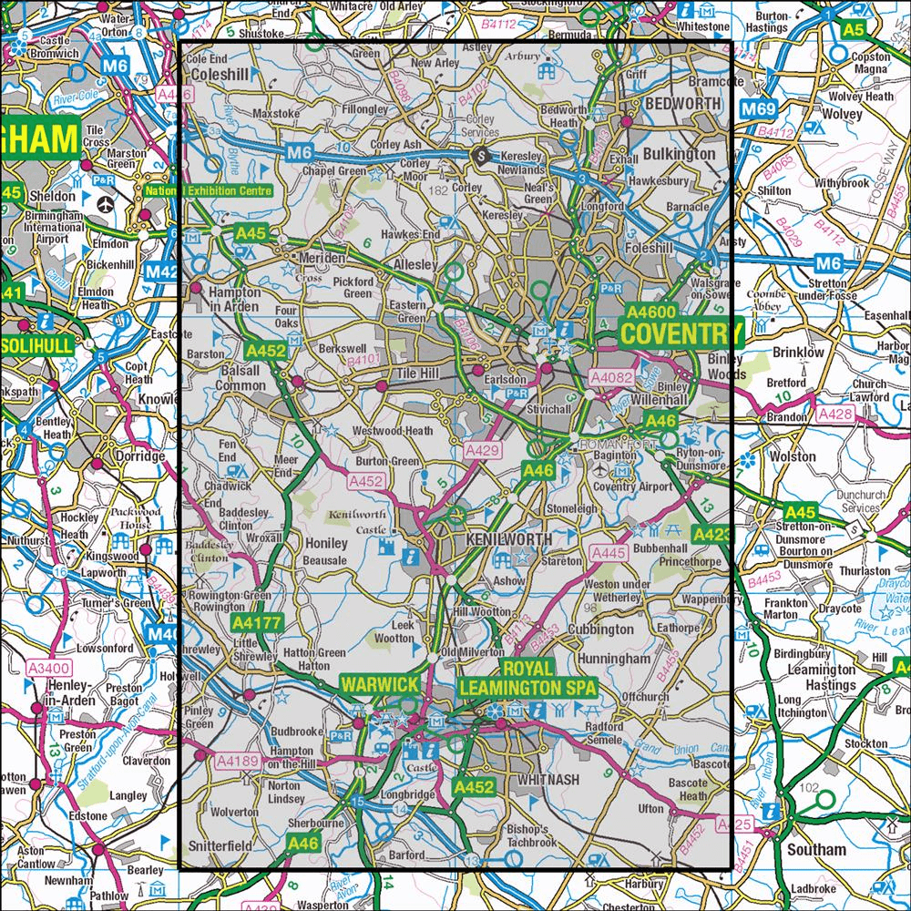 Outdoor Map Navigator image showing the area of the 1:25,000 scale Ordnance Survey Explorer map 221 Coventry & Warwick