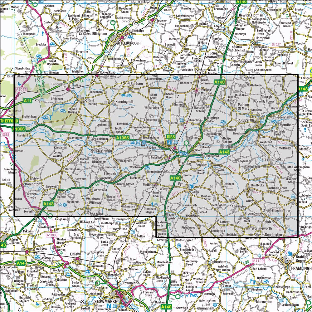 Outdoor Map Navigator image showing the area of the 1:25,000 scale Ordnance Survey Explorer map 230 Diss & Harleston