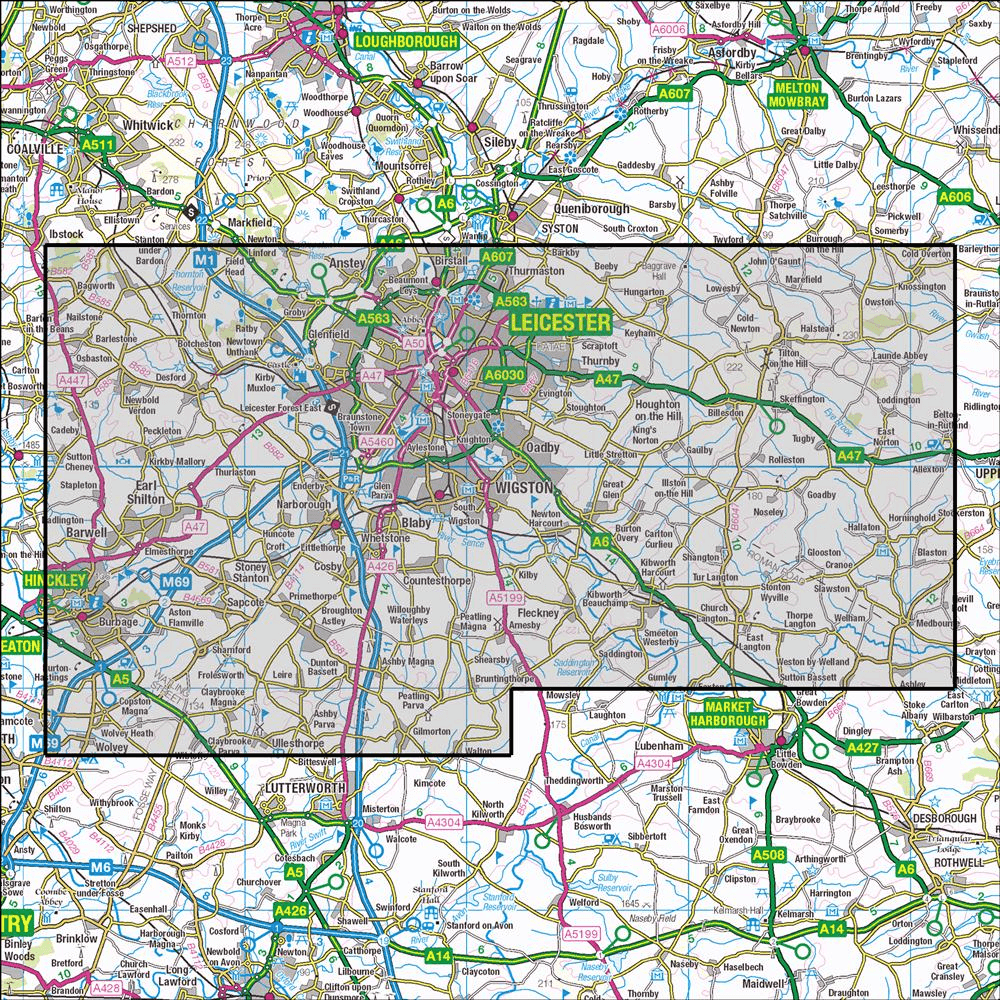 Outdoor Map Navigator image showing the area of the 1:25,000 scale Ordnance Survey Explorer map 233 Leicester & Hinckley