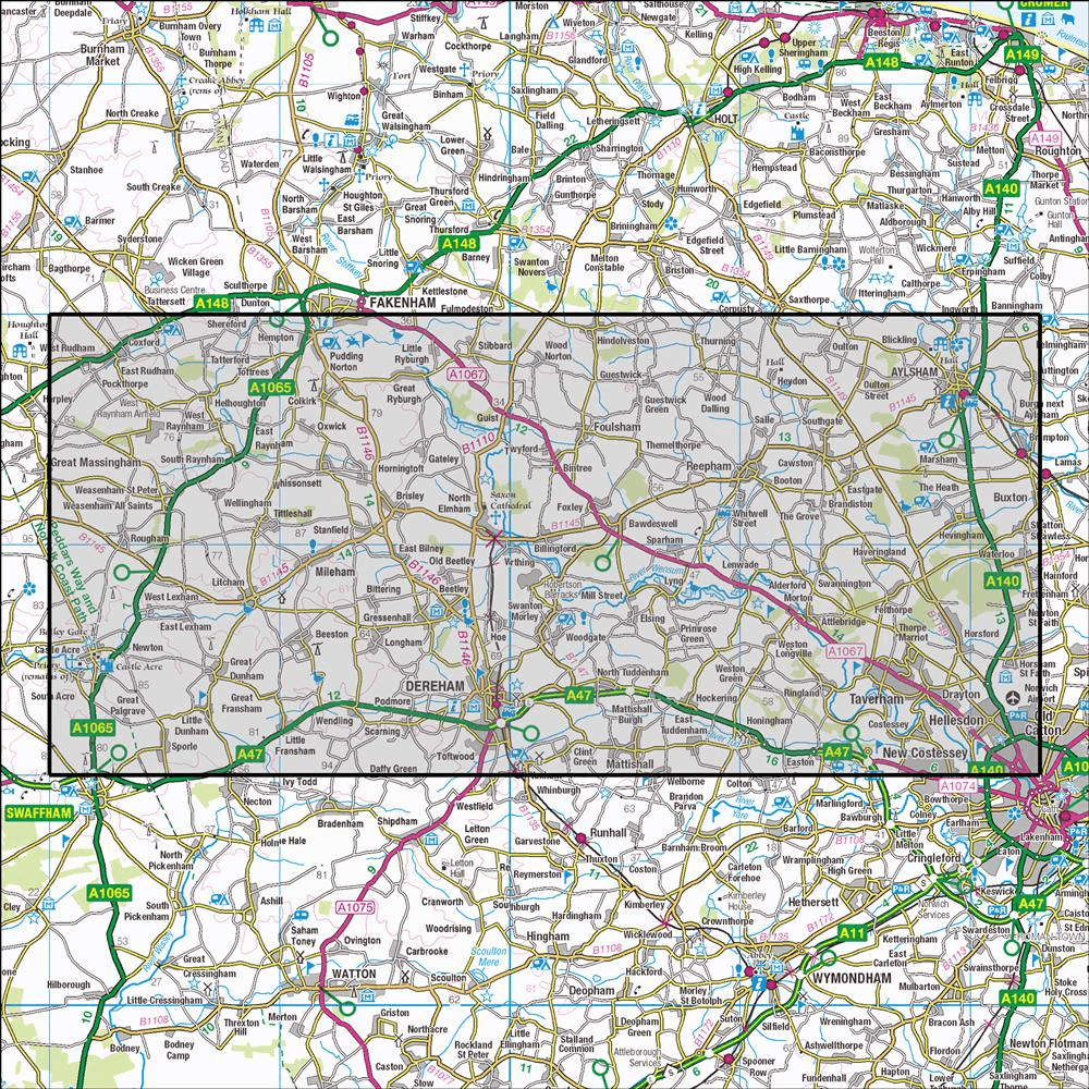 Outdoor Map Navigator image showing the area of the 1:25,000 scale Ordnance Survey Explorer map 238 East Dereham & Aylsham