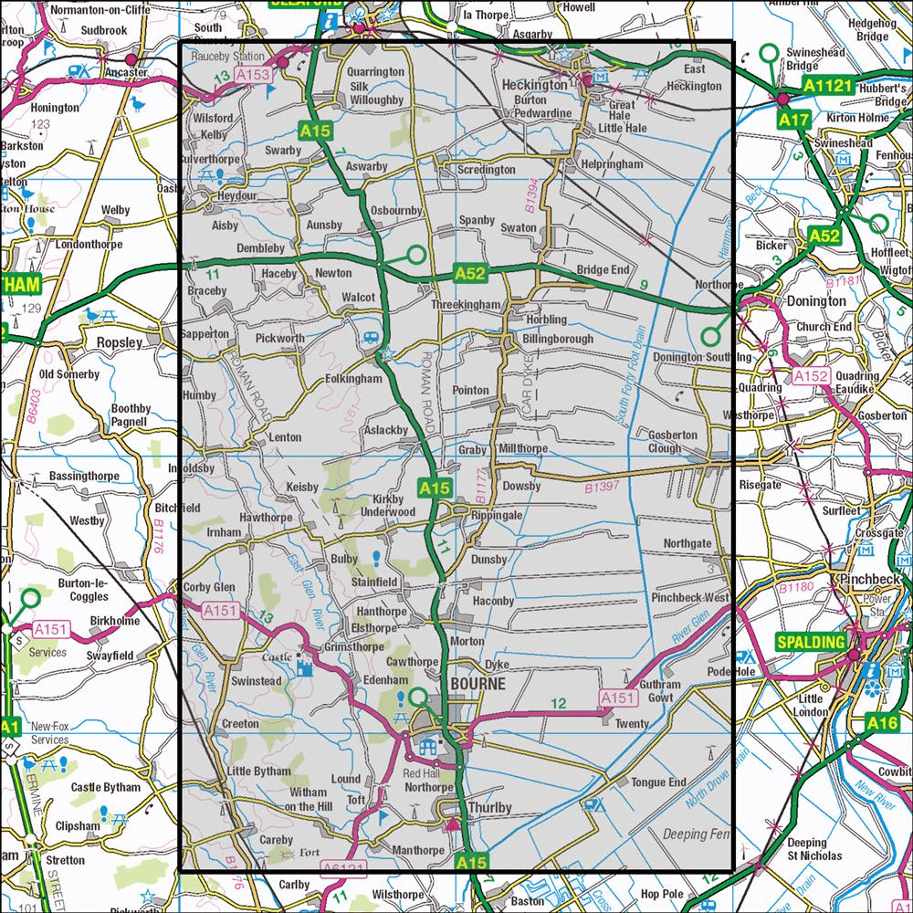 Outdoor Map Navigator image showing the area of the 1:25,000 scale Ordnance Survey Explorer map 248 Bourne & Heckington