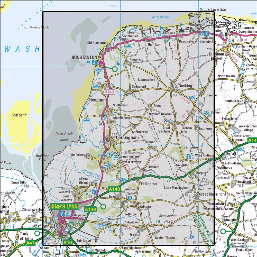 Outdoor Map Navigator image showing the area of the 1:25,000 scale Ordnance Survey Explorer map 250 Norfolk Coast West