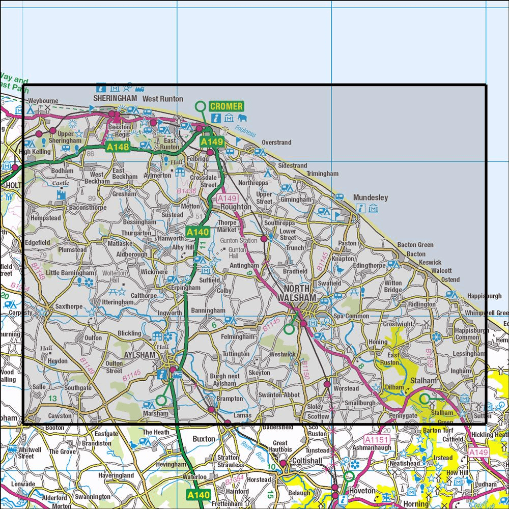 Outdoor Map Navigator image showing the area of the 1:25,000 scale Ordnance Survey Explorer map 252 Norfolk Coast East