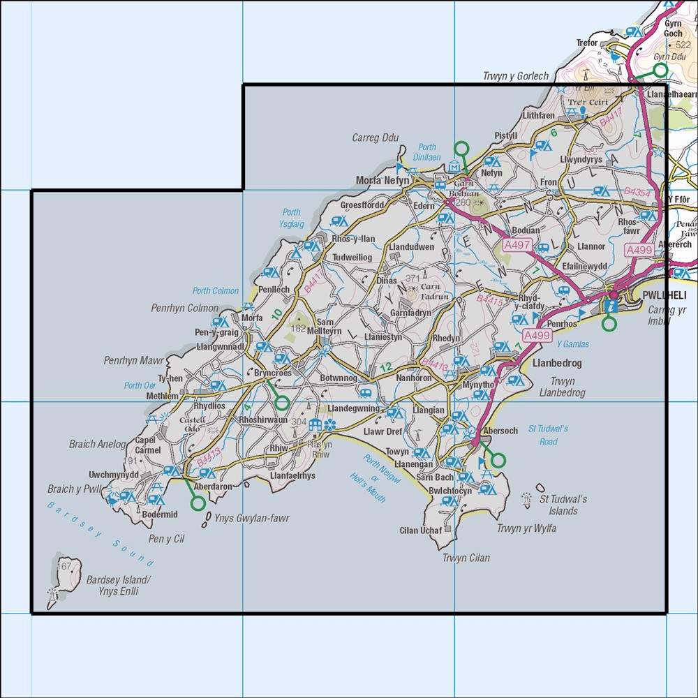 Outdoor Map Navigator image showing the area of the 1:25,000 scale Ordnance Survey Explorer map 253 Lleyn Peninsula West
