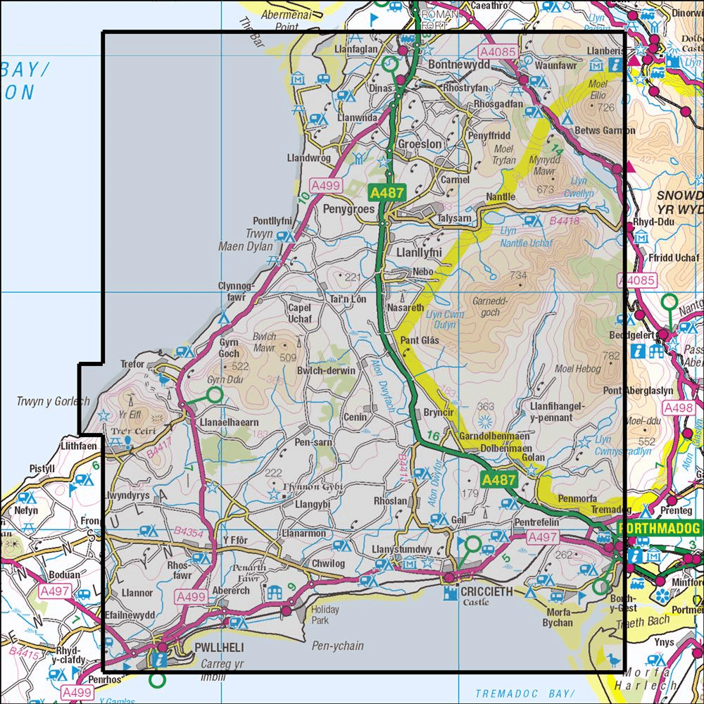 Outdoor Map Navigator image showing the area of the 1:25,000 scale Ordnance Survey Explorer map 254 Lleyn Peninsula East