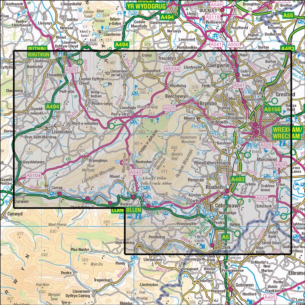 Outdoor Map Navigator image showing the area of the 1:25,000 scale Ordnance Survey Explorer map 256 Wrexham & Llangollen