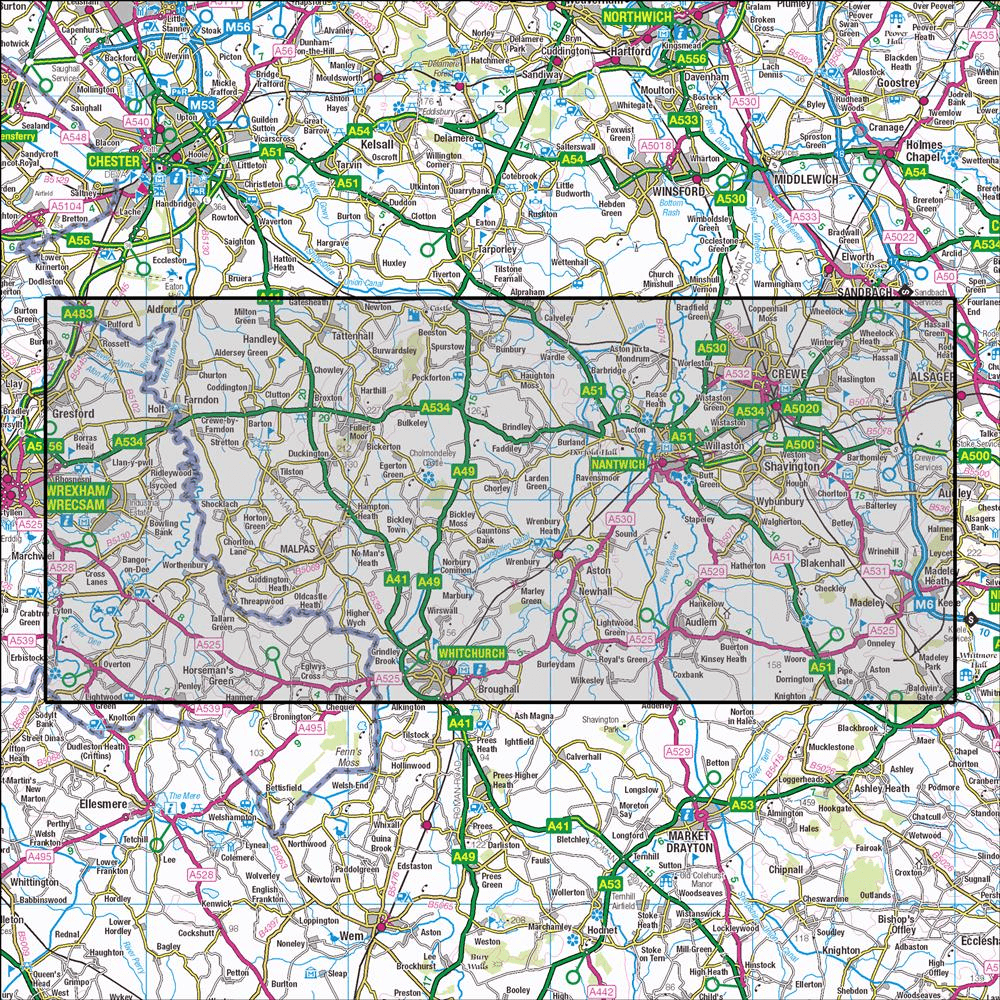 Outdoor Map Navigator image showing the area of the 1:25,000 scale Ordnance Survey Explorer map 257 Crewe & Nantwich