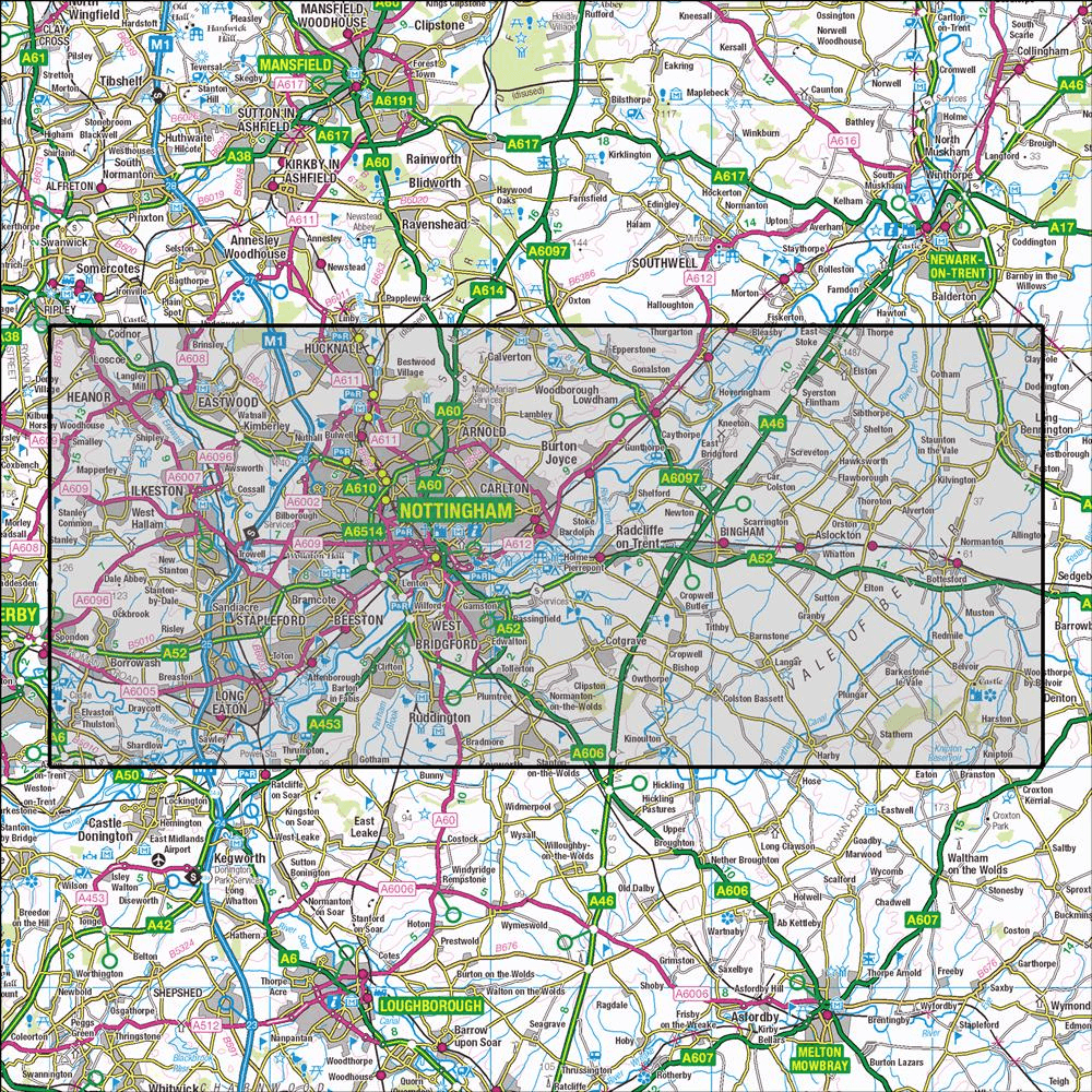 Outdoor Map Navigator image showing the area of the 1:25,000 scale Ordnance Survey Explorer map 260 Nottingham