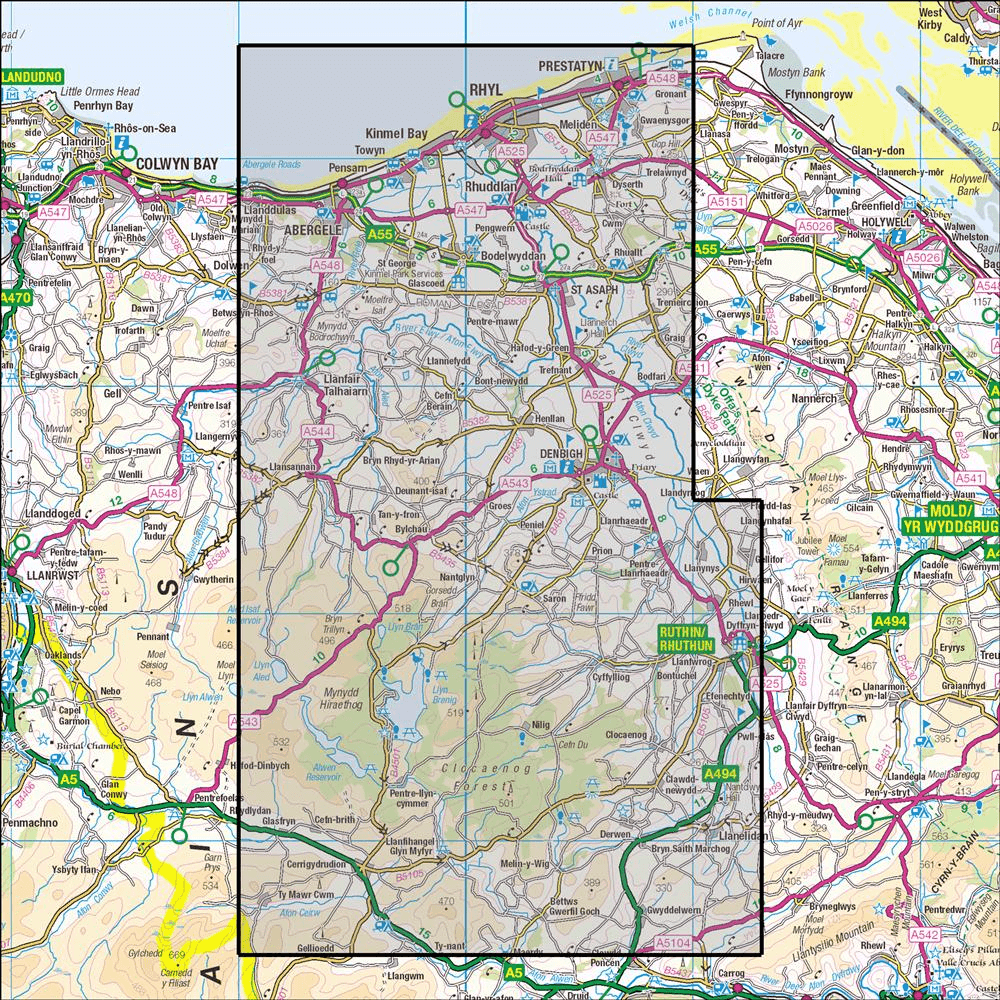 Outdoor Map Navigator image showing the area of the 1:25,000 scale Ordnance Survey Explorer map 264 Vale of Clwyd