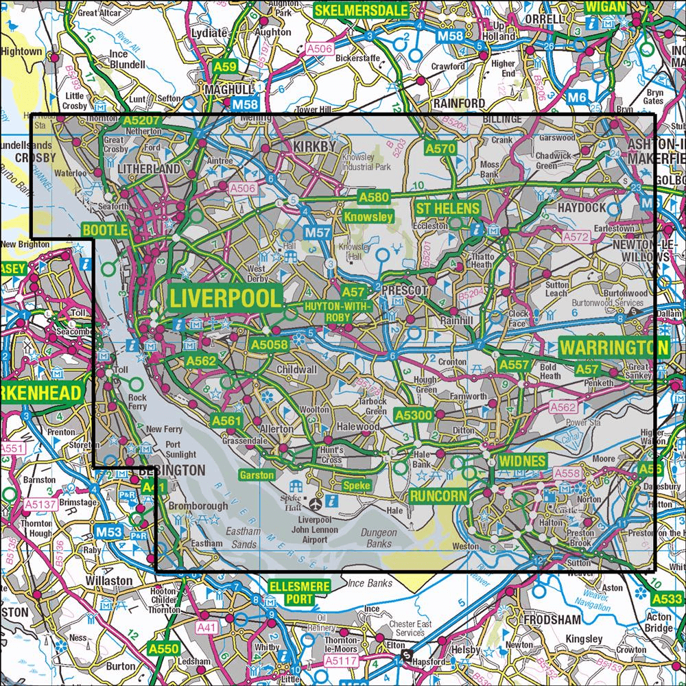 Outdoor Map Navigator image showing the area of the 1:25,000 scale Ordnance Survey Explorer map 275 Liverpool