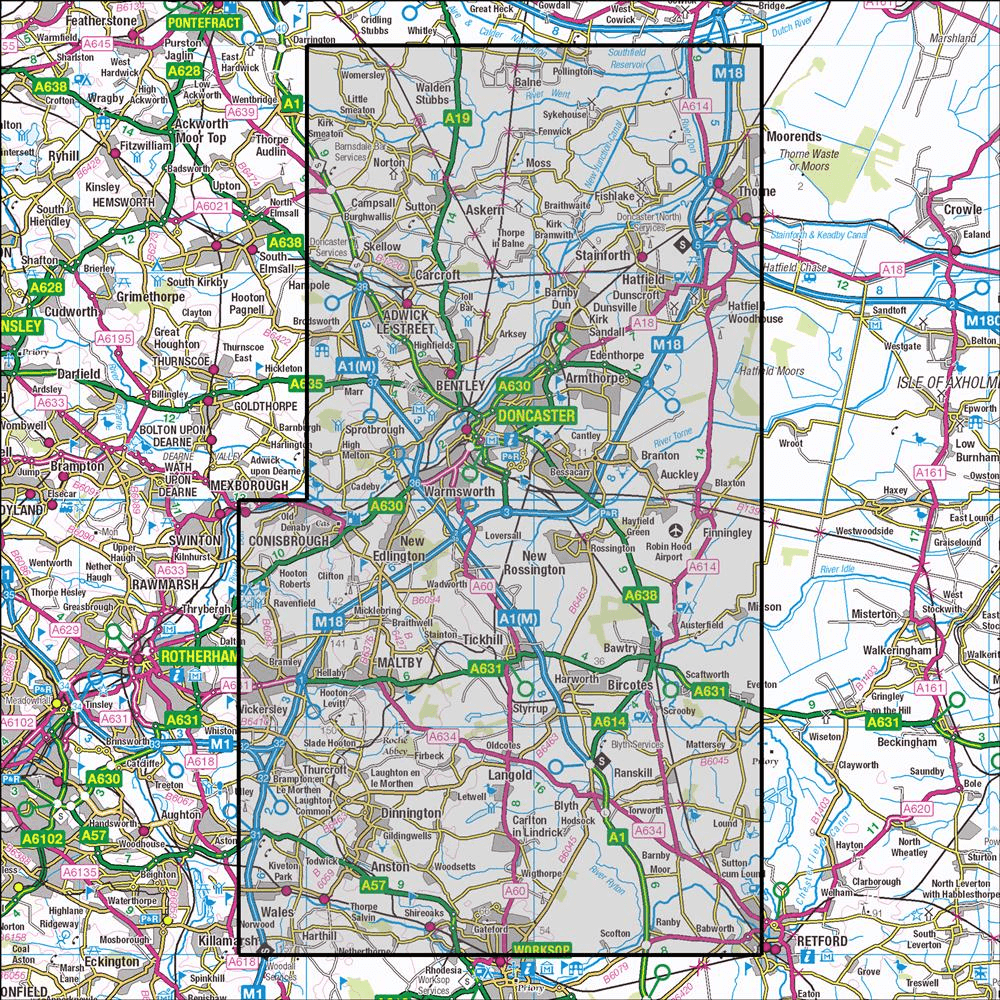 Outdoor Map Navigator image showing the area of the 1:25,000 scale Ordnance Survey Explorer map 279 Doncaster