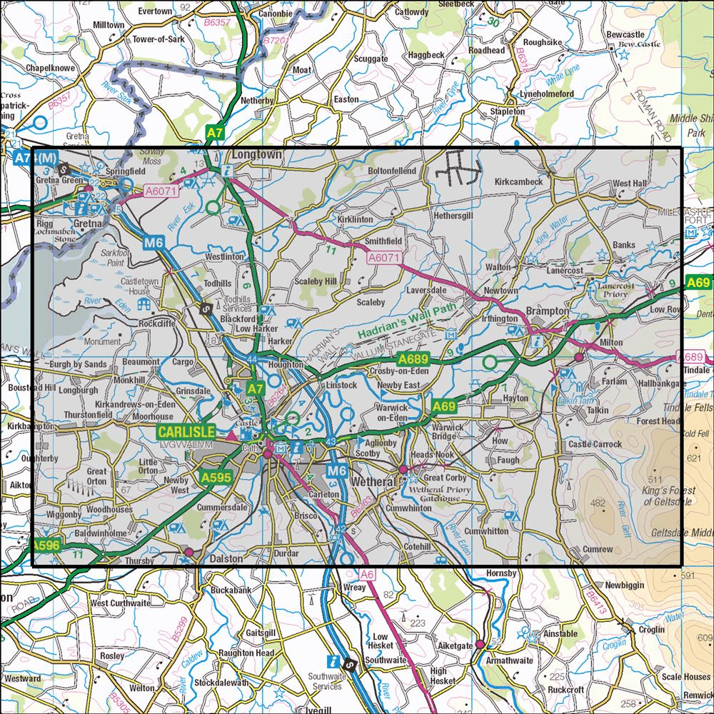 Outdoor Map Navigator image showing the area of the 1:25,000 scale Ordnance Survey Explorer map 315 Carlisle