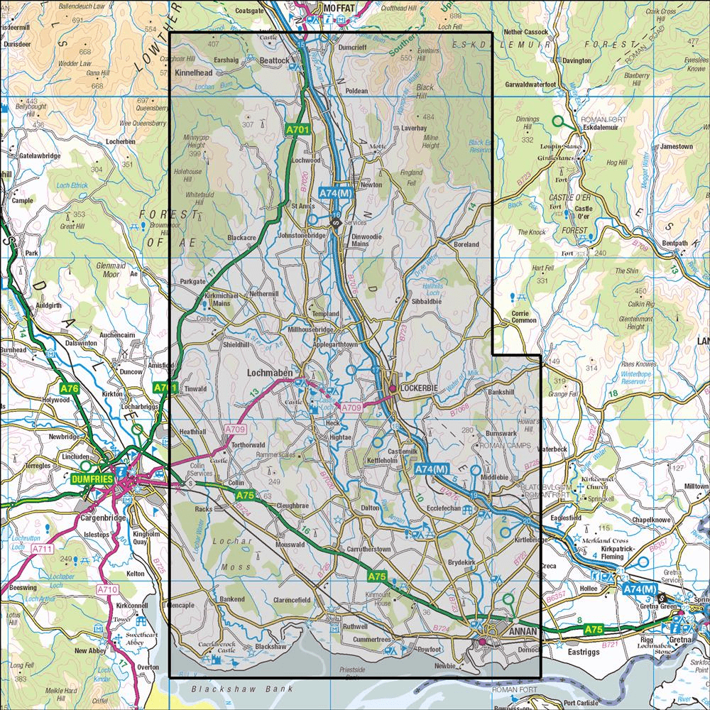 Outdoor Map Navigator image showing the area of the 1:25,000 scale Ordnance Survey Explorer map 322 Annandale