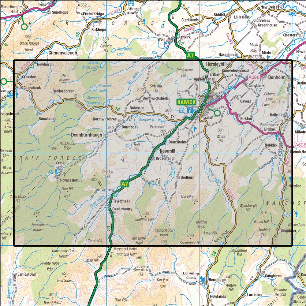 Outdoor Map Navigator image showing the area of the 1:25,000 scale Ordnance Survey Explorer map 331 Teviotdale South