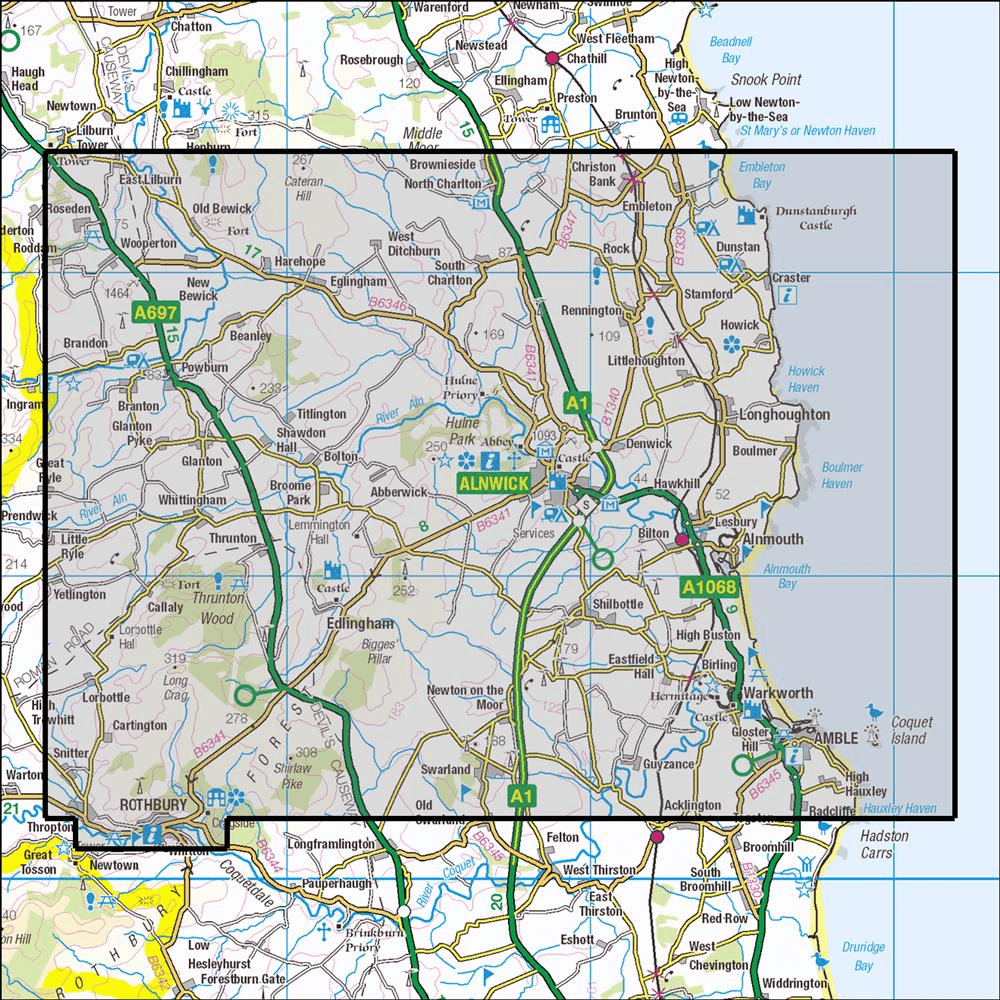Outdoor Map Navigator image showing the area of the 1:25,000 scale Ordnance Survey Explorer map 332 Alnwick & Amble