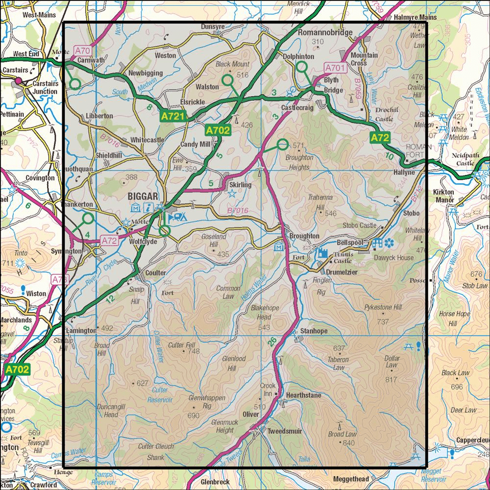 Outdoor Map Navigator image showing the area of the 1:25,000 scale Ordnance Survey Explorer map 336 Biggar & Broughton