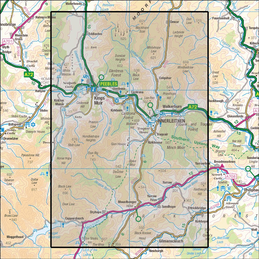 Outdoor Map Navigator image showing the area of the 1:25,000 scale Ordnance Survey Explorer map 337 Peebles & Innerleithen