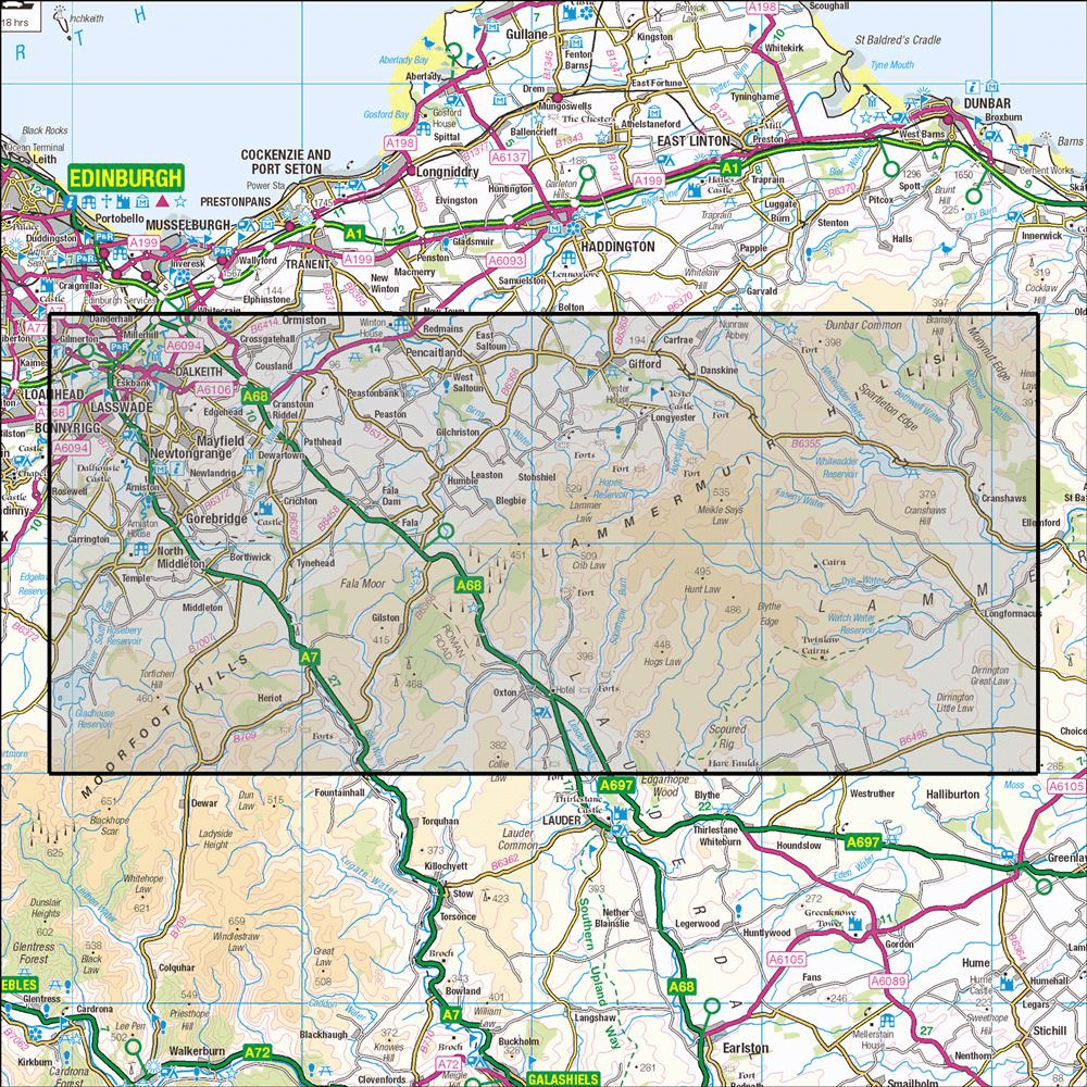 Outdoor Map Navigator image showing the area of the 1:25,000 scale Ordnance Survey Explorer map 345 Lammermuir Hills