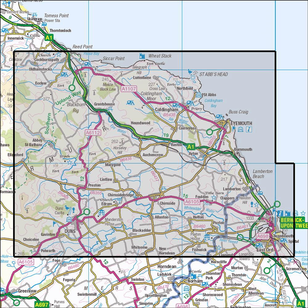 Outdoor Map Navigator image showing the area of the 1:25,000 scale Ordnance Survey Explorer map 346 Berwick-upon-Tweed