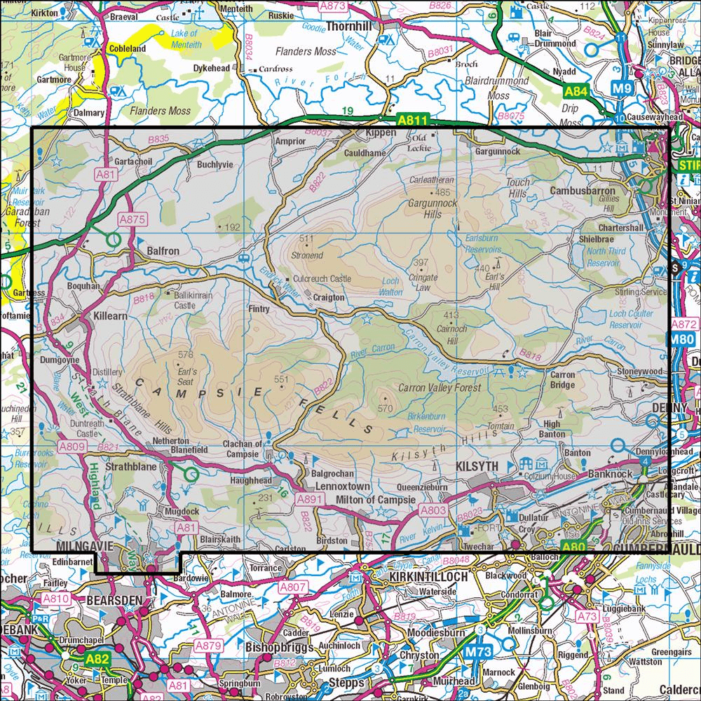 Outdoor Map Navigator image showing the area of the 1:25,000 scale Ordnance Survey Explorer map 348 Campsie Fells