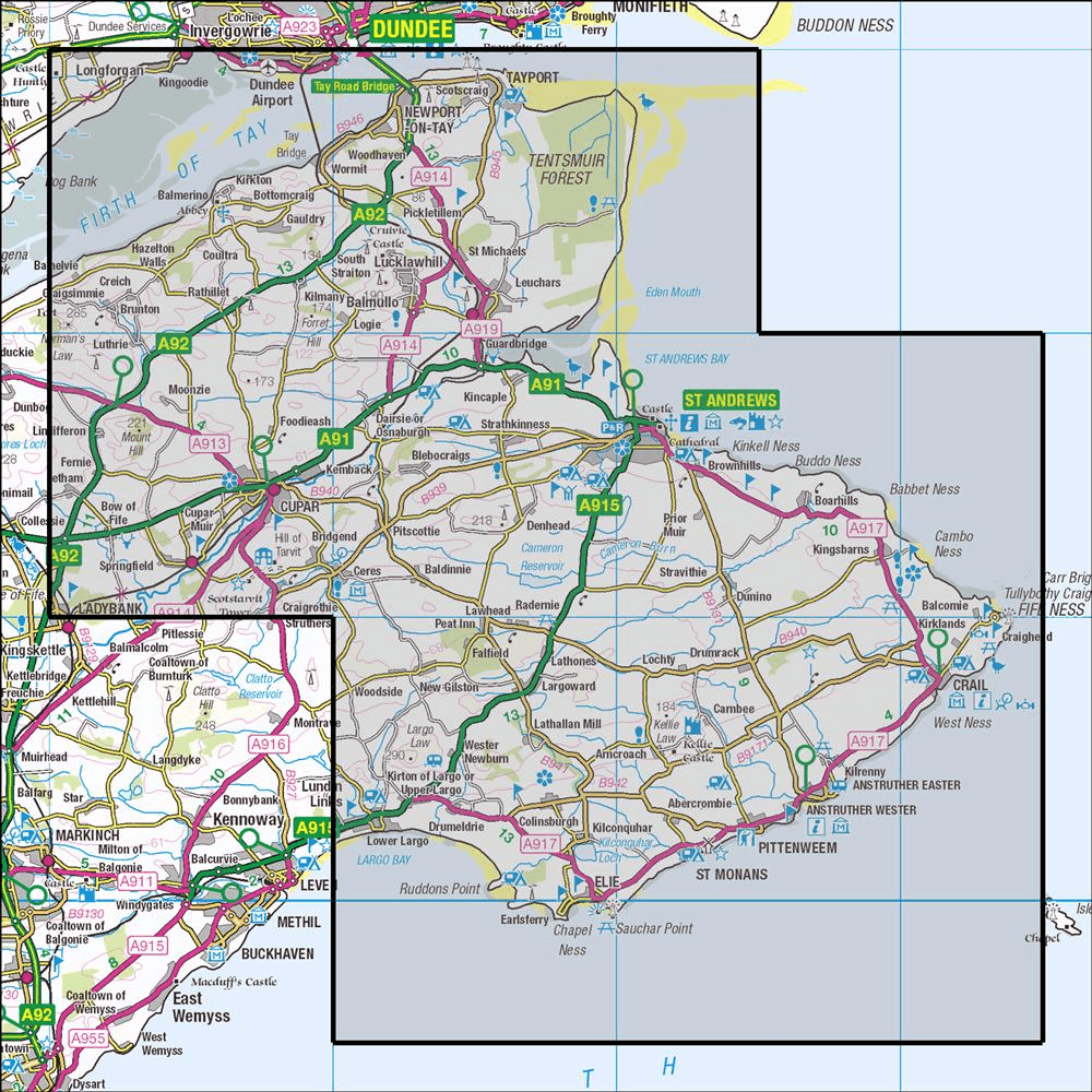 Outdoor Map Navigator image showing the area of the 1:25,000 scale Ordnance Survey Explorer map 371 St Andrews & East Fife