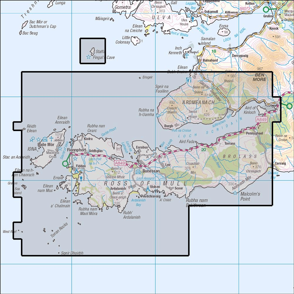 Outdoor Map Navigator image showing the area of the 1:25,000 scale Ordnance Survey Explorer map 373 Ross of Mull