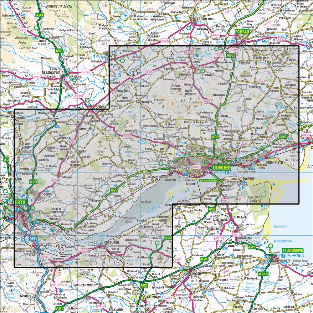 Outdoor Map Navigator image showing the area of the 1:25,000 scale Ordnance Survey Explorer map 380 Dundee & Sidlaw Hills