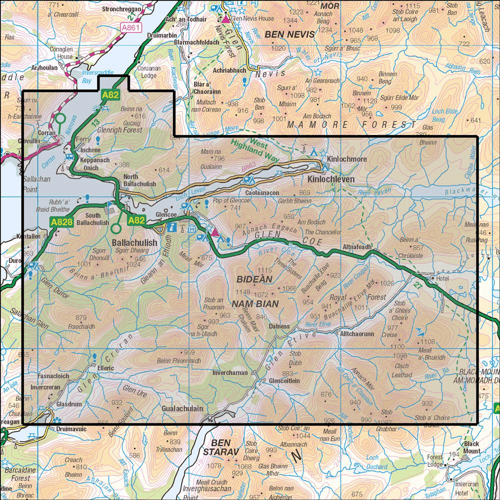 Outdoor Map Navigator image showing the area of the 1:25,000 scale Ordnance Survey Explorer map 384 Glen Coe & Glen Etive